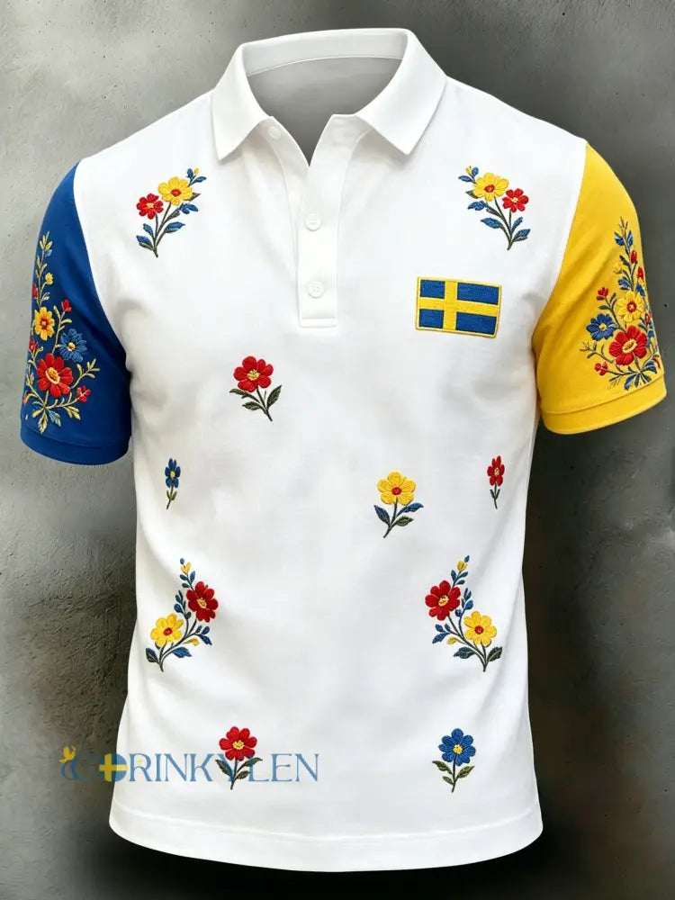Herrpolo med konsttryck som hyllar Sveriges nationaldag och midsommarfesten - A / S