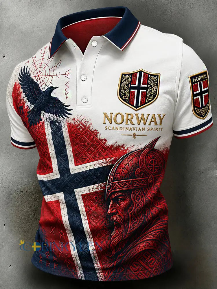 Herrpolotröja i retro-nordisk stil med norsk konsttryck - A / S