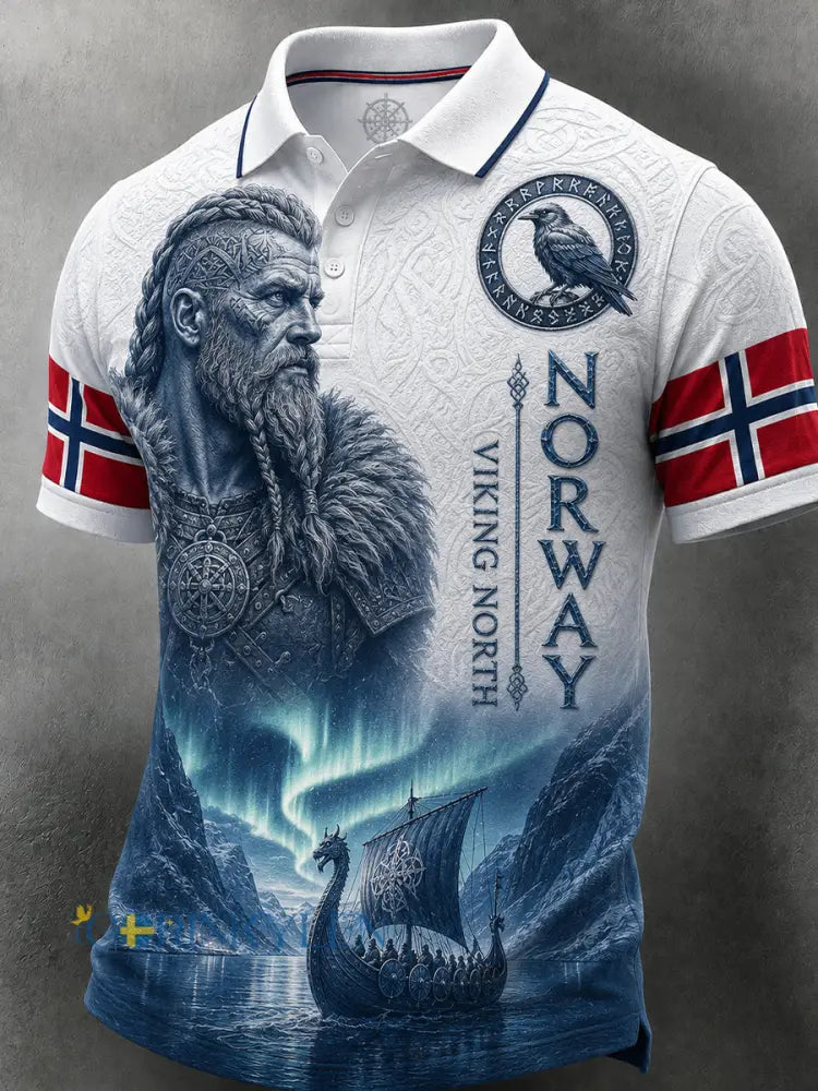 Herrpolotröja i retro-nordisk stil med norsk konsttryck - A / S