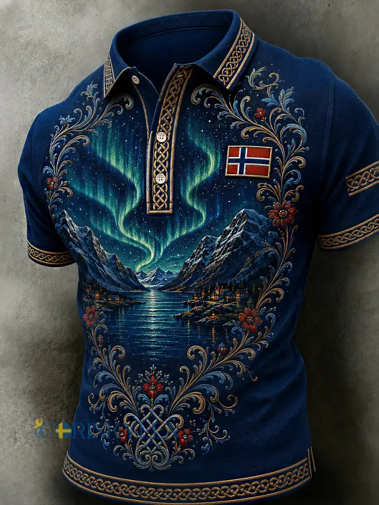 Herrpolotröja i retro-nordisk stil med norsk konsttryck - A / S
