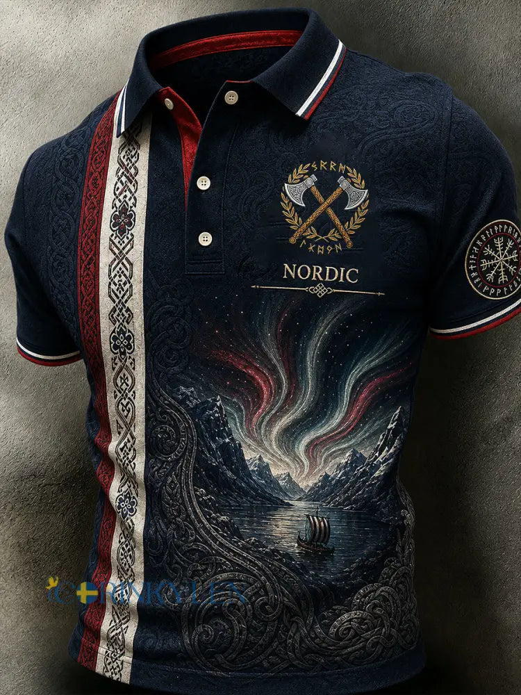 Herrpolotröja i retro-nordisk stil med norsk konsttryck - A / S