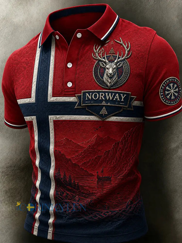 Herrpolotröja i retro-nordisk stil med norsk konsttryck - A / S