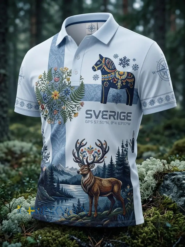 Herrpolotröja i retrostil med svensk midsommar- och folkornamentmönster - ljusblåa / S
