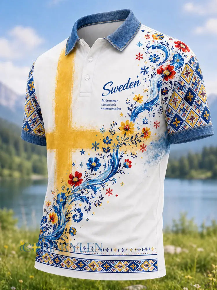 Herrpolotröja med konsttryck från den svenska midsommarfesten - A / S