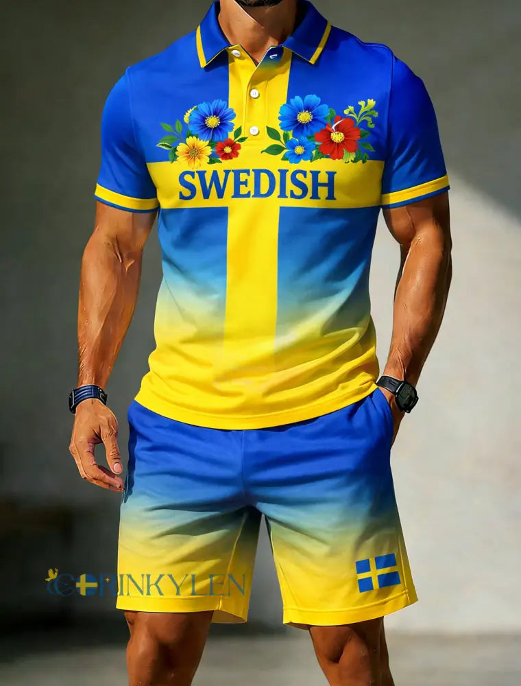 Herrpolotröja med konsttryck till minne av den svenska midsommarfesten - A / S