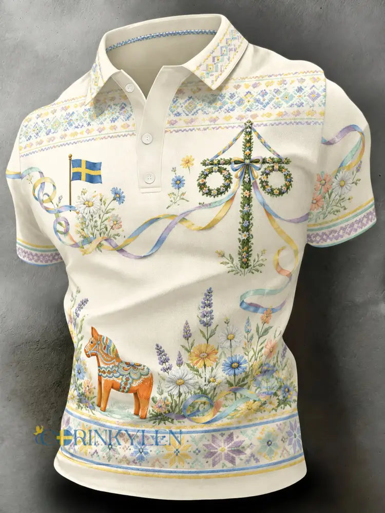 Herrpolotröja med konsttryck till minne av midsommar och nationaldagen i Sverige - A / S