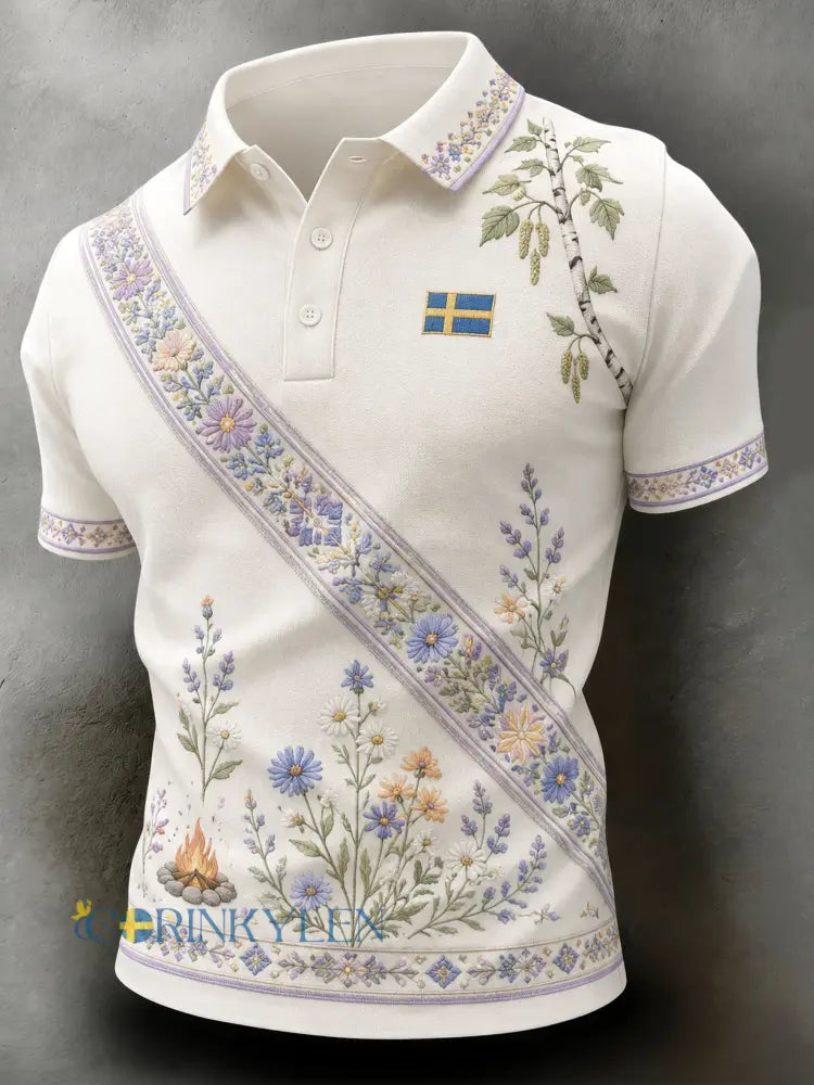 Herrpolotröja med konsttryck till minne av midsommar och nationaldagen i Sverige - A / S