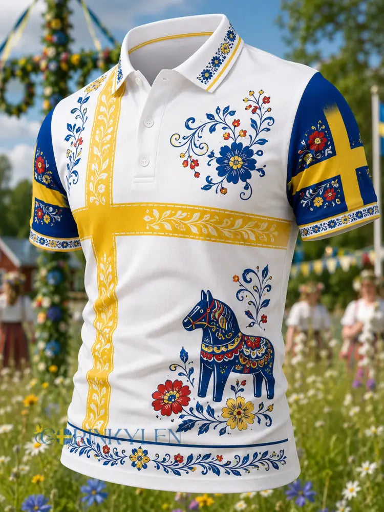 Herrpolotröja med konsttryck till minne av midsommardagen i Sverige - A / S