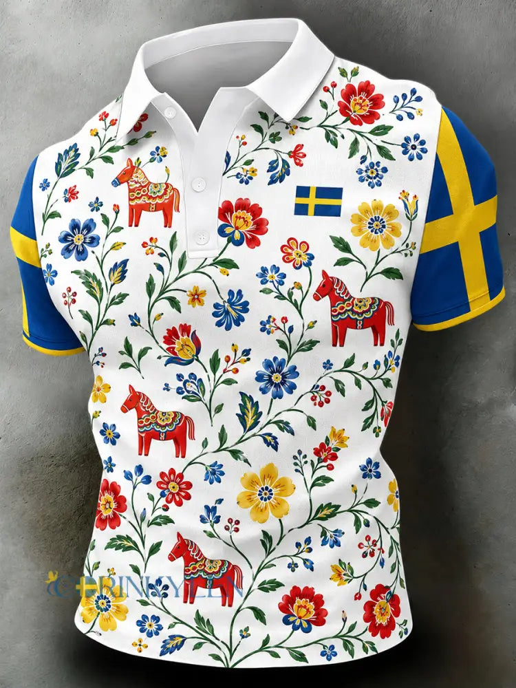Herrpolotröja med konsttryck till minne av midsommardagen i Sverige - A / S