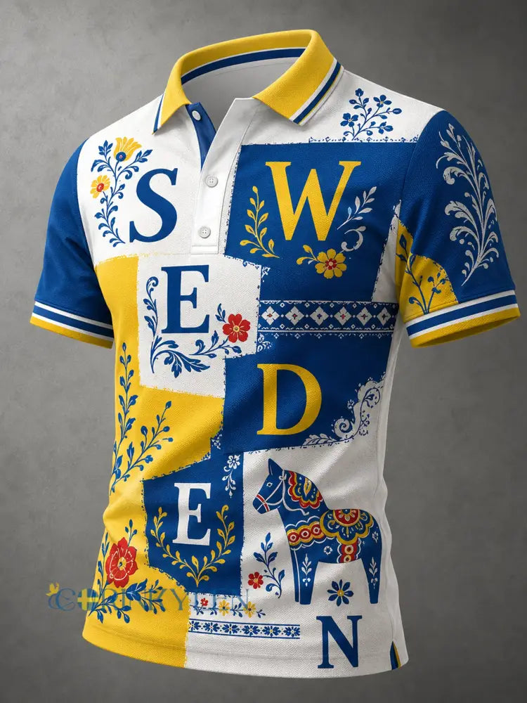Herrpolotröja med konsttryck till minne av midsommardagen i Sverige - A / S