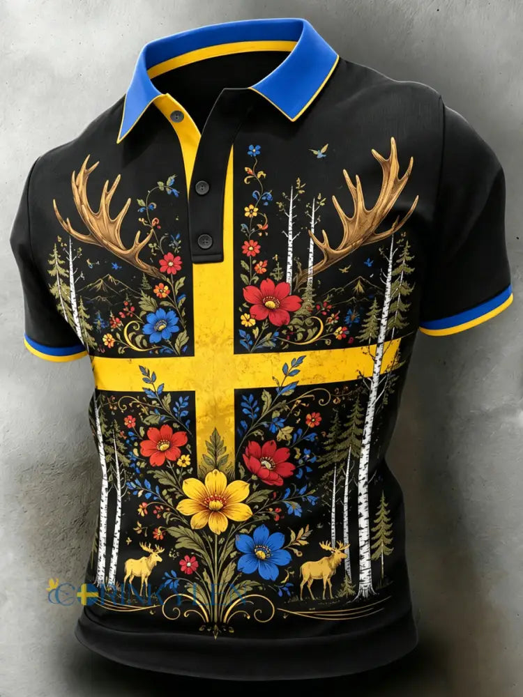 Herrpolotröja med konsttryck till minne av midsommardagen i Sverige - A / S