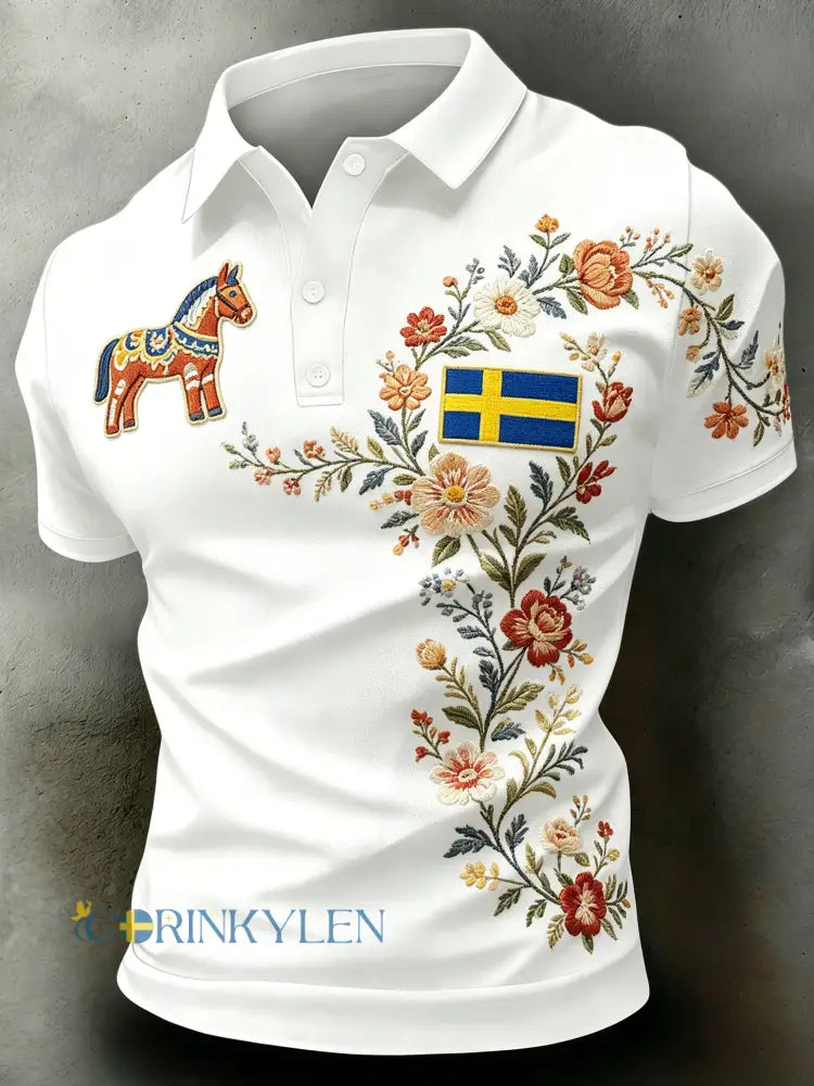Herrpolotröja med kort ärm och konstprint som firar den svenska midsommarfesten - A / S