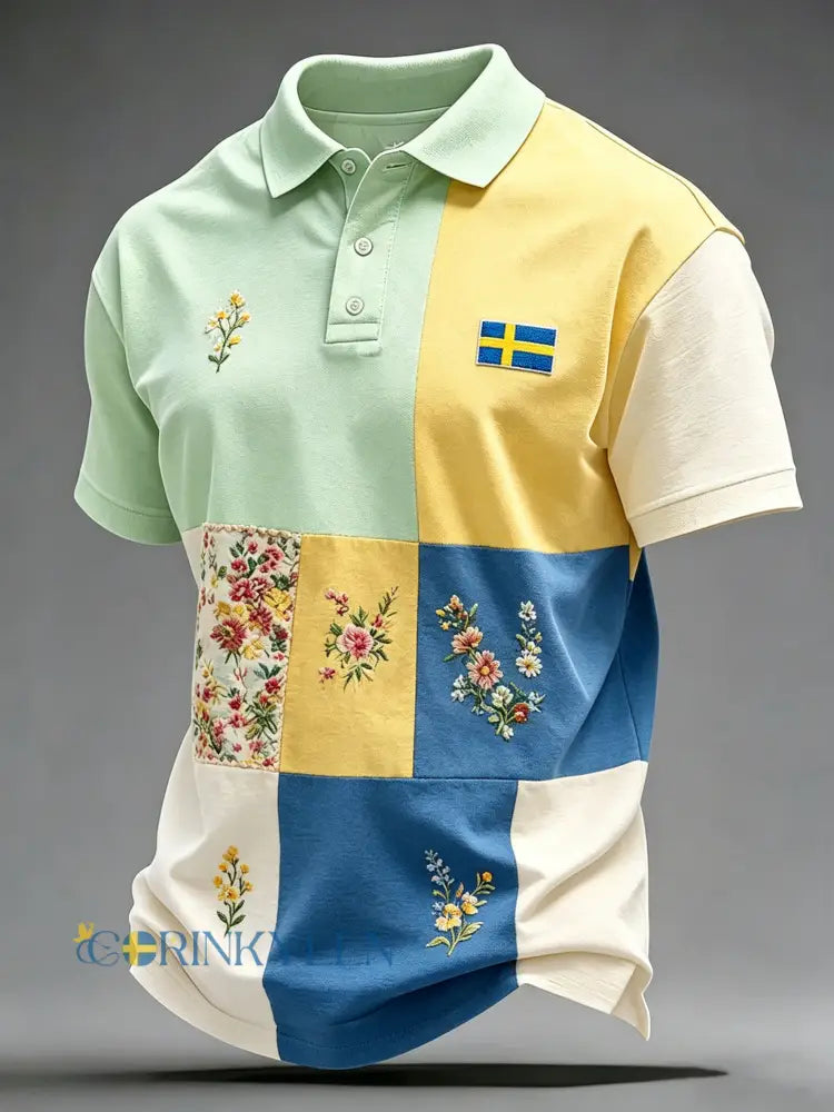 Herrpolotröja med kort ärm och konstprint som firar den svenska midsommarfesten - A / S