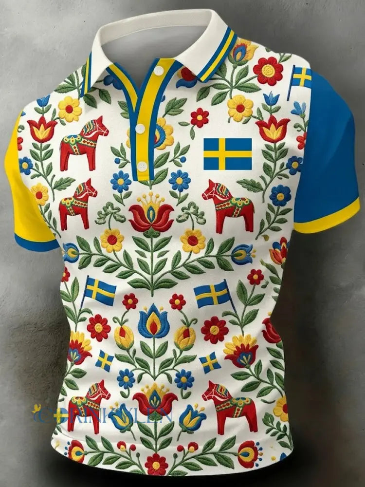 Herrpolotröja med korta ärmar och konsttryck till minne av Sveriges nationaldag - A / S