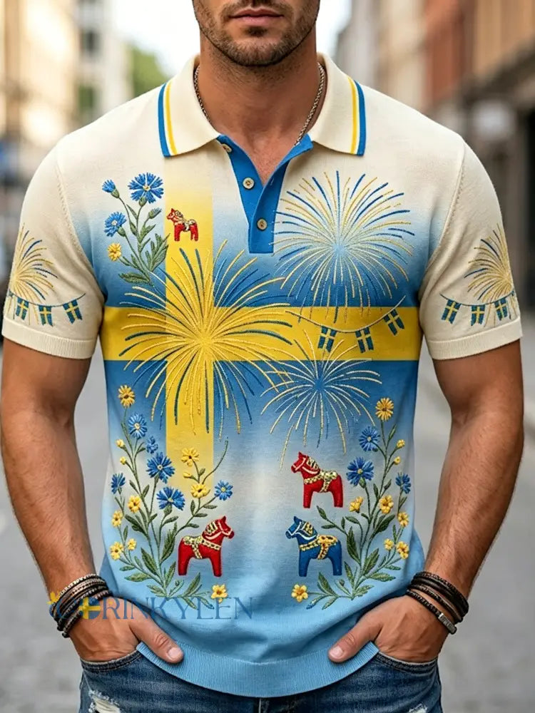 Herrpolotröja med korta ärmar och konsttryck till minne av Sveriges nationaldag - A / S
