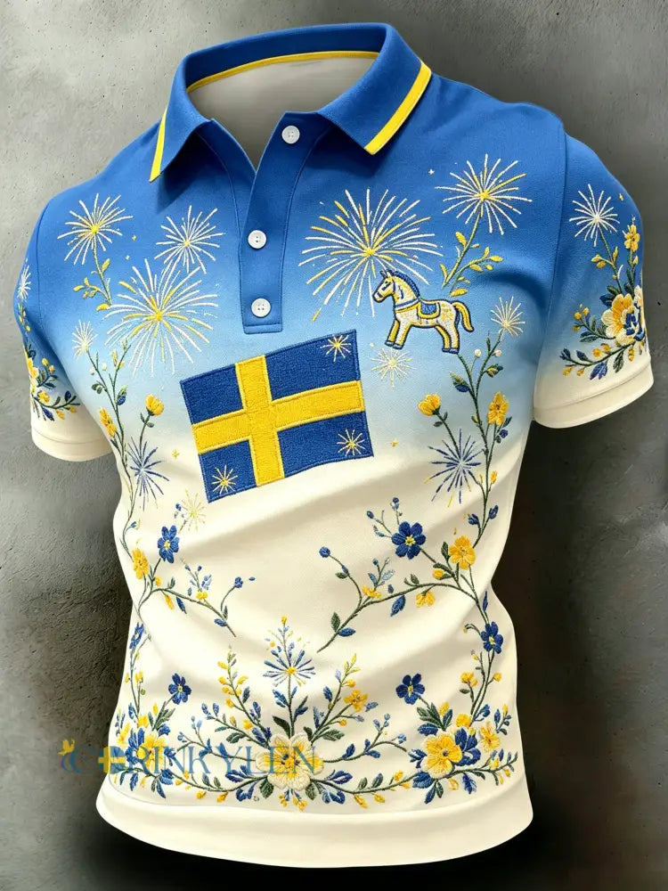 Herrpolotröja med korta ärmar och konsttryck till minne av Sveriges nationaldag - A / S