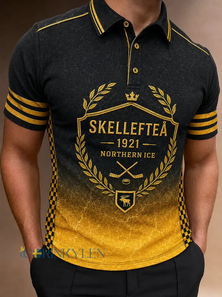 Herrpolotröja med tryckt logga från Skellefteå AIK avslappnad modell med korta ärmarna - svart- gul / S