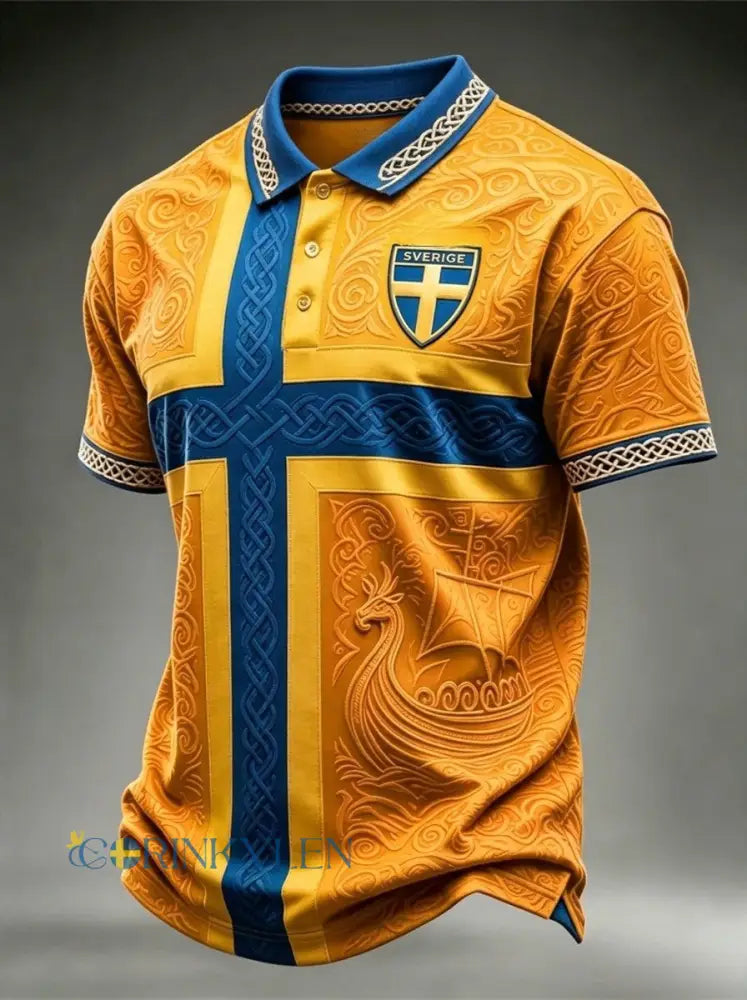 Herrpolotröjor i retrostil med svensk fotbollsmotiv och korta ärmar - gul / S