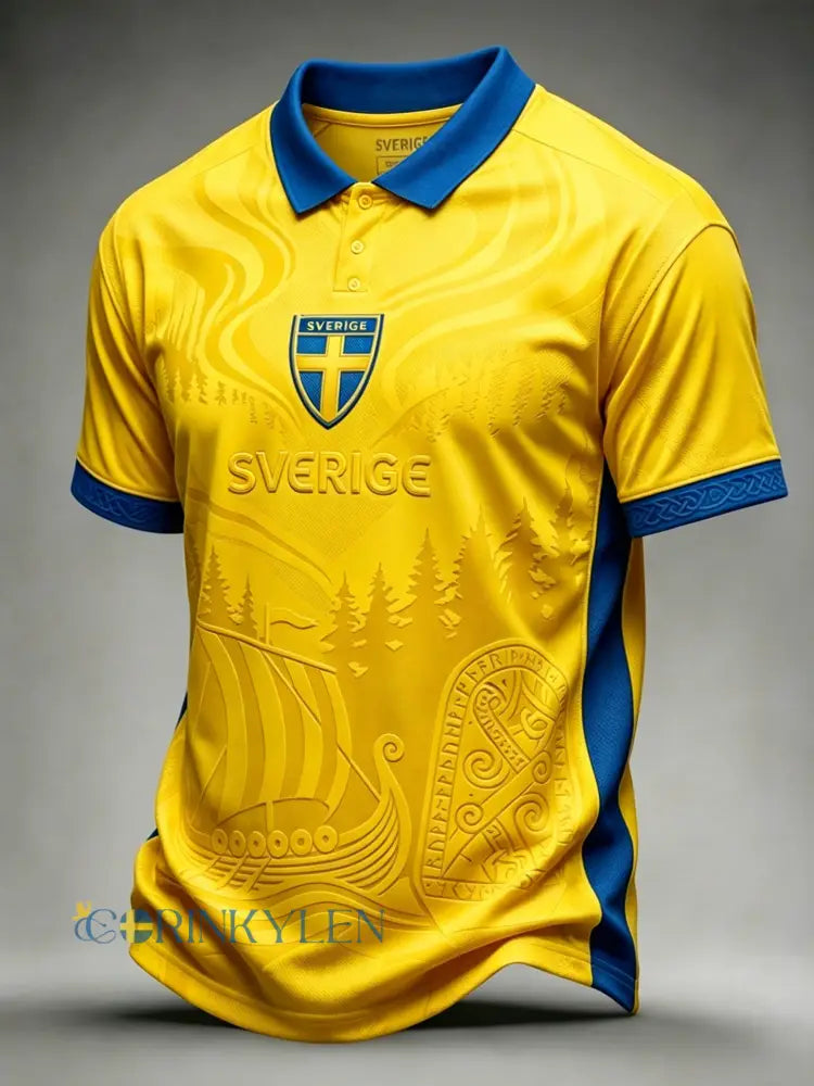 Herrpolotröjor i retrostil med svensk fotbollsmotiv och korta ärmar - gul / S