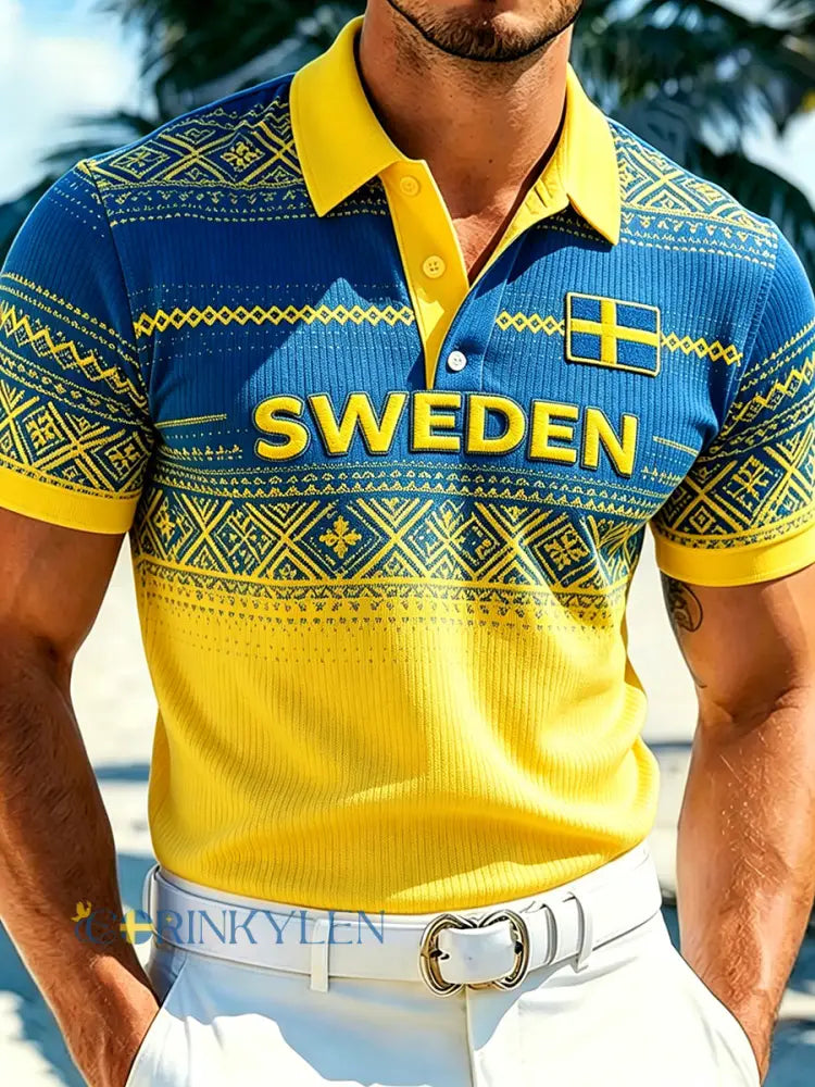 Herrpolskjorta i etnisk stil med broderad print stickad - A / S