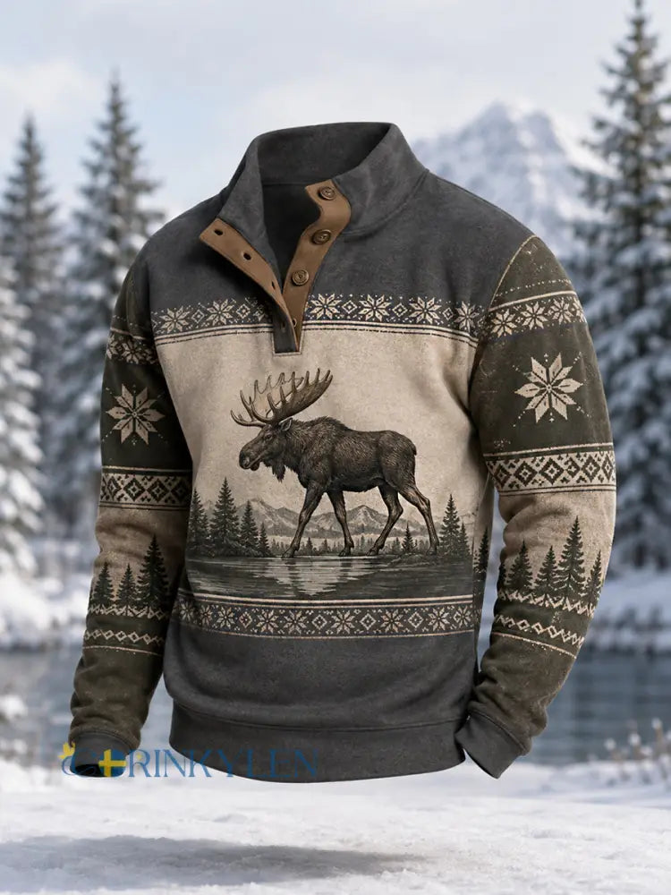 Herrpullover för vintern med älgmönster i casual stil - grå / S