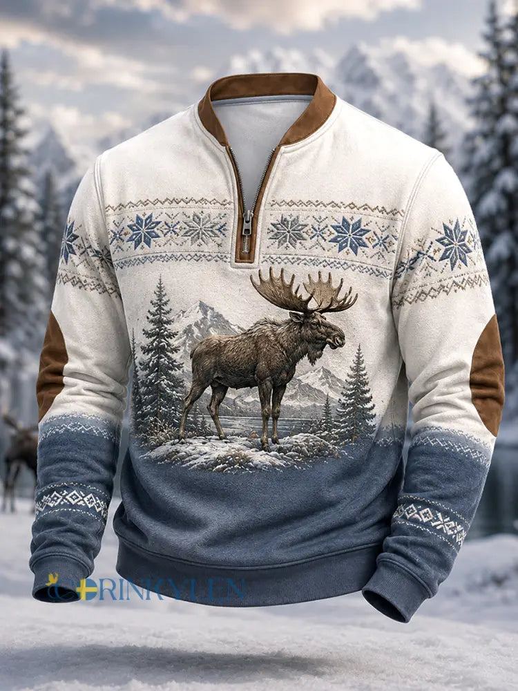 Herrpullover för vintern med älgmönster och dragkedja i ledig stil - höjdblått / S