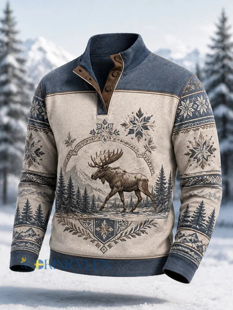 Herrpullover för vintern med älgmönster vardaglig modell med knappar - blå / S