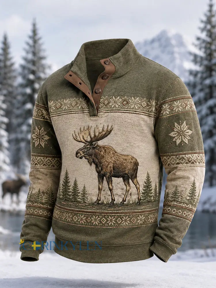 Herrpullover för vintern med älgmönster vardaglig modell med knappar - gräsgrön / S