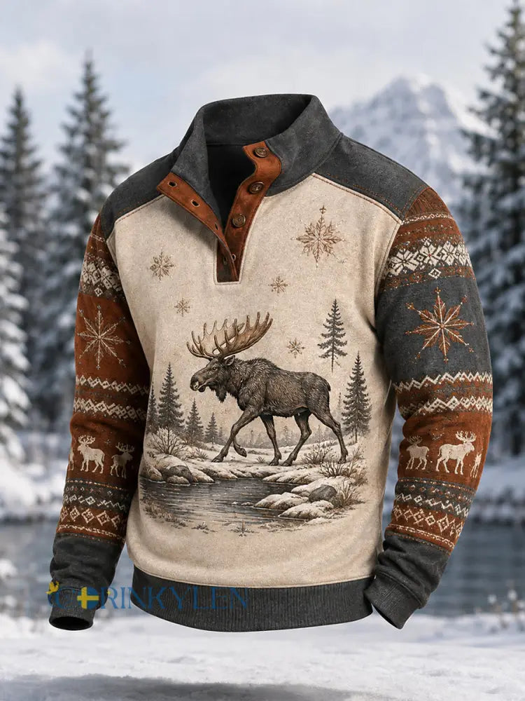 Herrpullover för vintern med älgmönster vardaglig modell med knappar - kränk-vitt / S