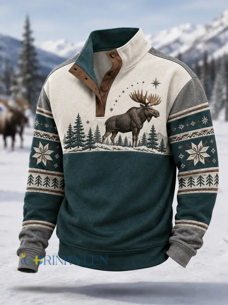 Herrpullover för vintern med älgmönster vardaglig modell med knappar - sjön gröna / S