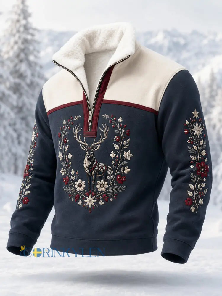 Herrpullover i plysch med nordisk renmotiv och dragkedja - blå sjöfart / S