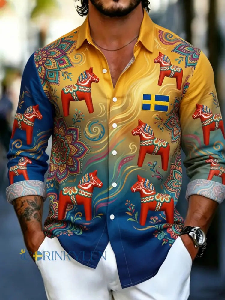 Herrretro svensk dalahäst blommig broderi konsttryck ledig skjorta - A / S