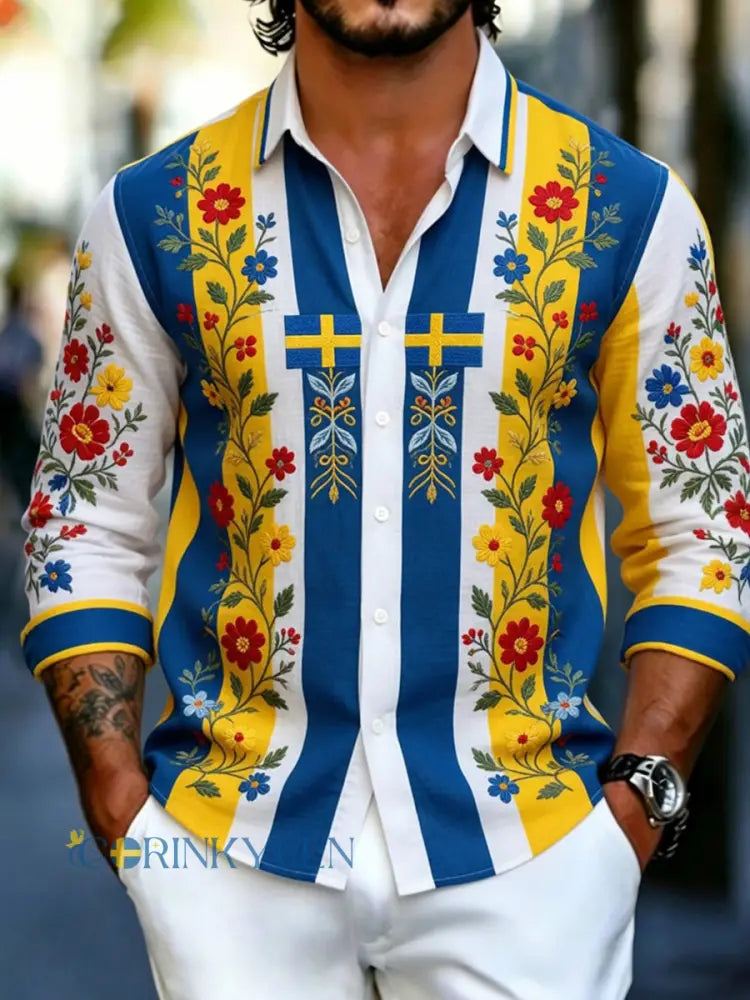 Herrretro svensk dalahäst blommig broderi konsttryck ledig skjorta - A / S