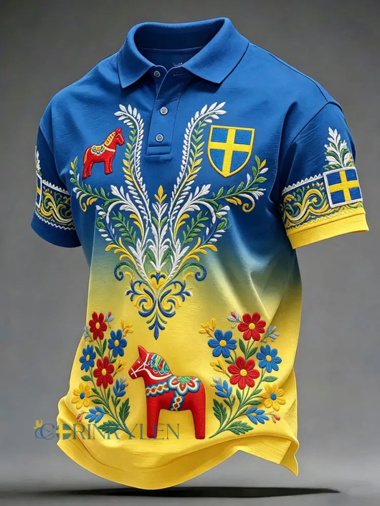 Herrretro svensk dalahäst blommig brodyr konsttryck avslappnad polotröja - A / S