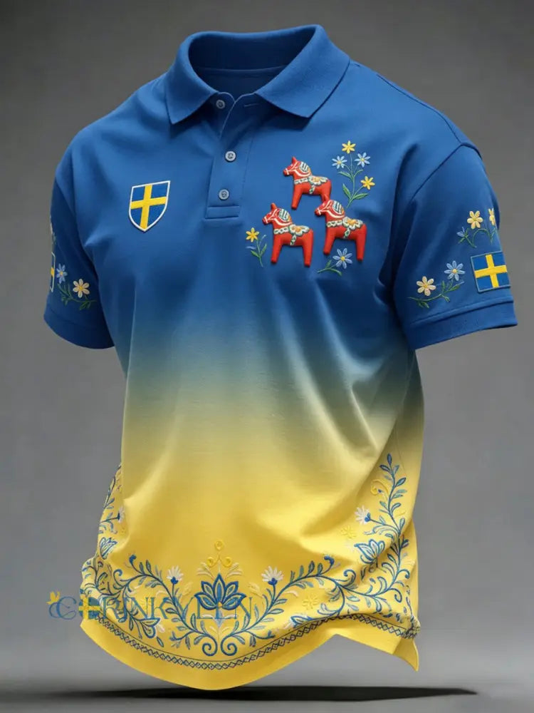 Herrretro svensk dalahäst blommig brodyr konsttryck avslappnad polotröja - A / S