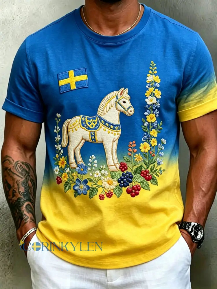 Herrretro svensk midsommarfolkal blommig kortärmad t-shirt - blå / S