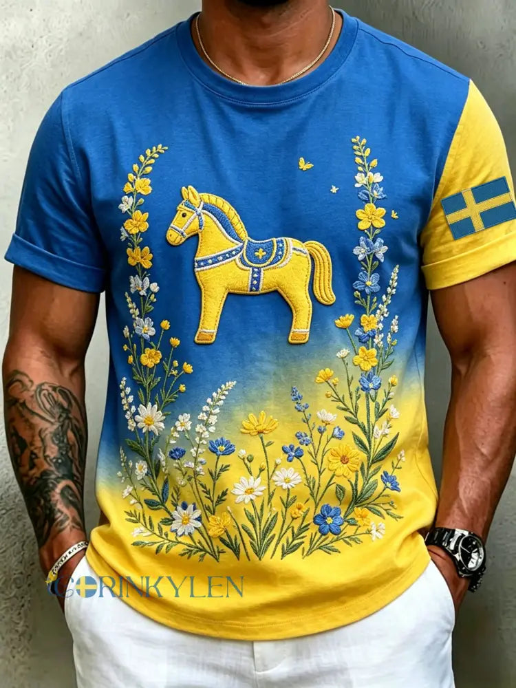 Herrretro svensk midsommarfolkal blommig kortärmad t-shirt - blå / S