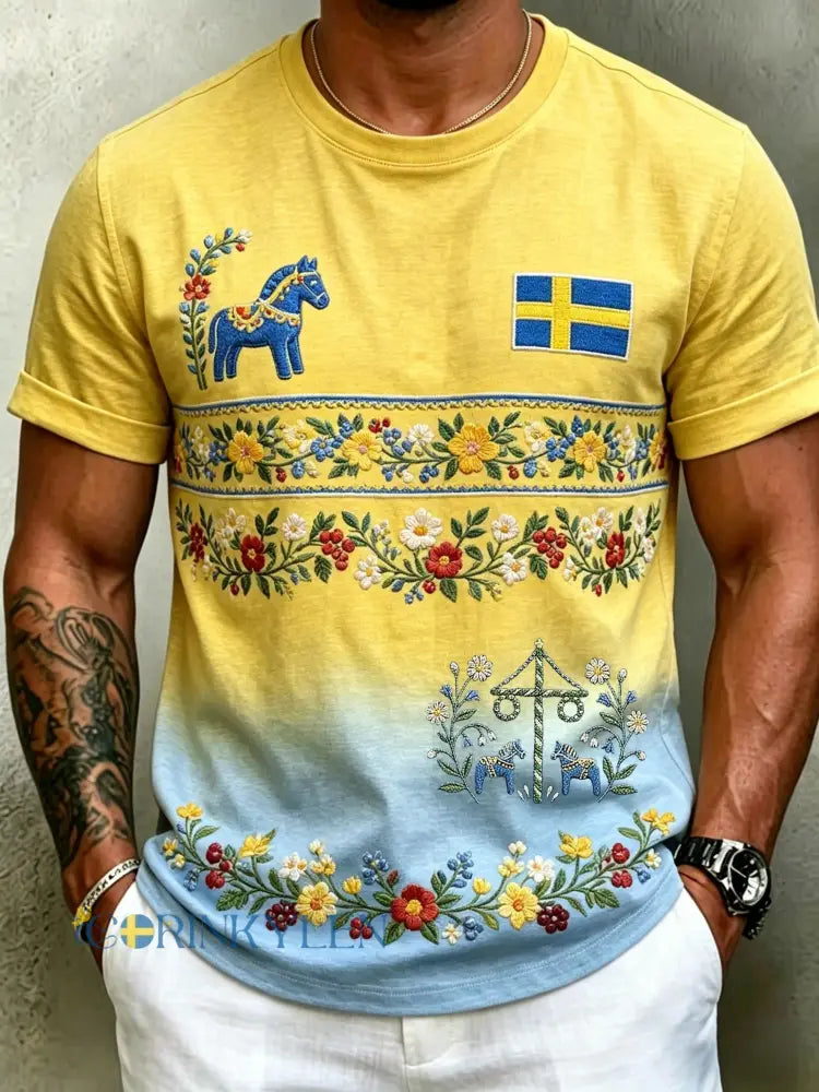 Herrretro svensk midsommarfolkal blommig kortärmad t-shirt - gul / S