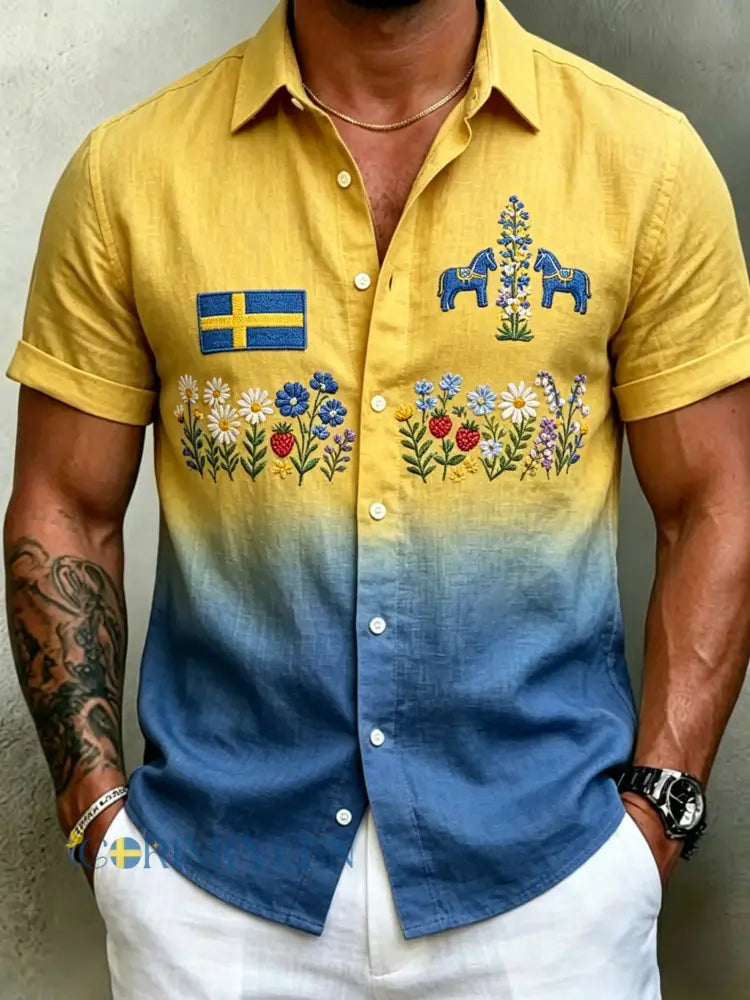 Herrretro svensk midsommarfolkaldrigblommig bomull-linne skjorta med korta ärmarna - blå / S