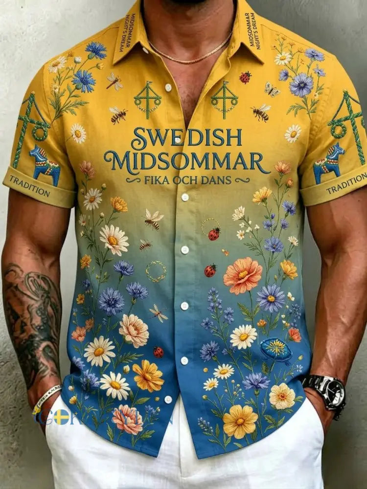 Herrretro svensk midsommarfolkaldrigblommig bomull-linne skjorta med korta ärmarna - blå / S