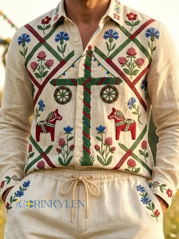 Herrretro svensk midsommarfolkaldrigblommig bomull-linne skjorta med långa ärmar - Aprikot / S