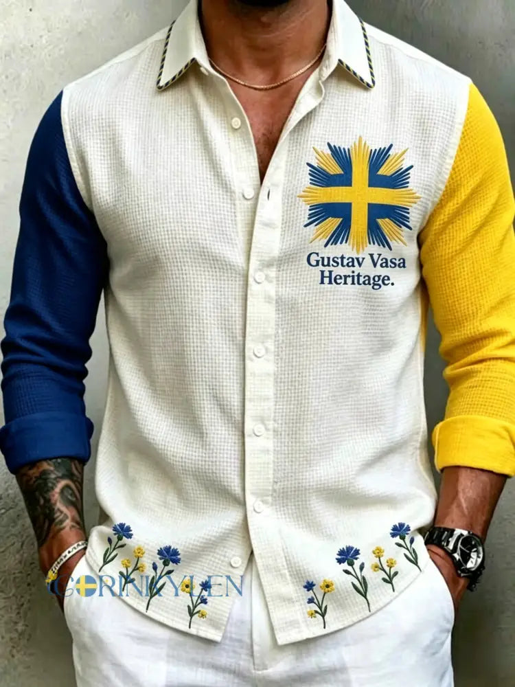 Herrretro svensk midsommarfolkaldrigblommig vafeltröja med långa ärmar - vitt / S