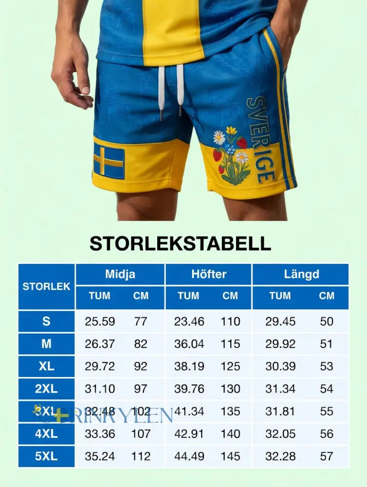 Herrretro svensk midsommarfolkaldrigblommigt tryckt avslappnat polotröja- och shortsset