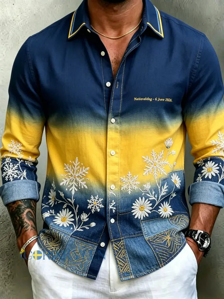 Herrretro svensk midsommarfolkblommig långärmad skjorta - blå / S