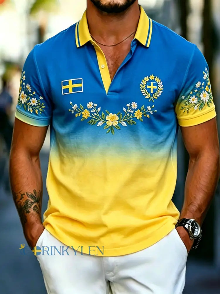 Herrretro svensk midsommargraderad casual polotröja - flerlog / S