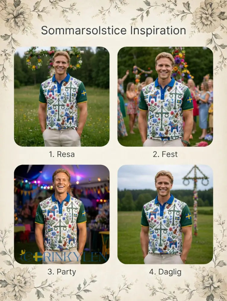 Herrretro svensk midsommarkonsttryck polotröja med korta ärmar