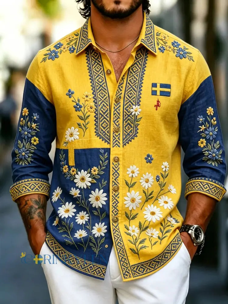 Herrretro svensk nationaldag midsommar folkloristisk blommig skjorta i bomull-linne - blå / S