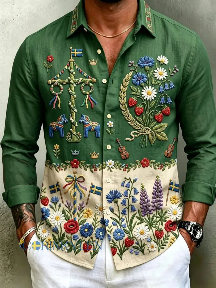 Herrretro svenska midsommarfolkloristiska blommiga bomull-linneskjortor med lång ärm - grönt / S