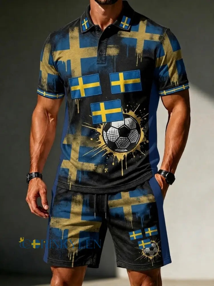 Herrretro Sverige fotbollsläkare 2026 tryckt avslappnat polotröja- och shortsset - svart / S