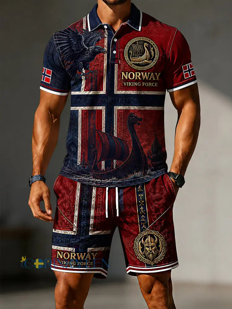 Herrset i retro-nordisk stil bestående av två delar: Casual polotröja och shorts med norsk konstprint - A / S